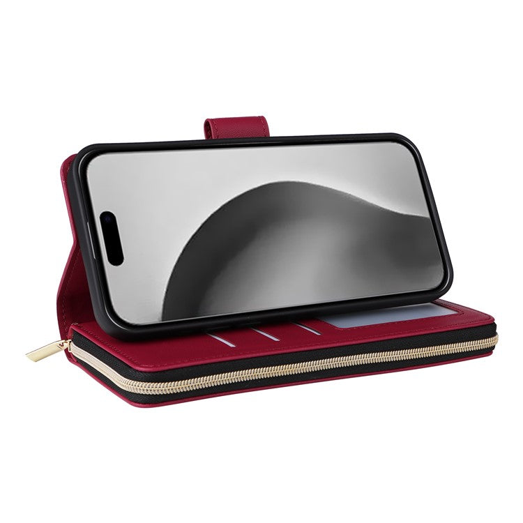 For iPhone 16 Pro Case Zipper Wallet PU Leather Rhombus Phone Cover with 2 Straps - Wine Red