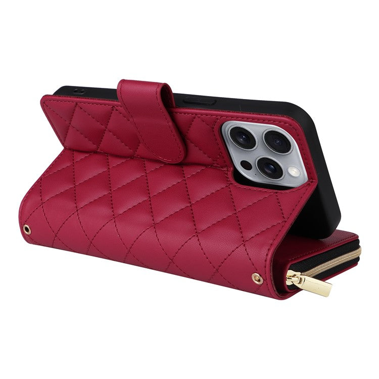 For iPhone 16 Pro Case Zipper Wallet PU Leather Rhombus Phone Cover with 2 Straps - Wine Red