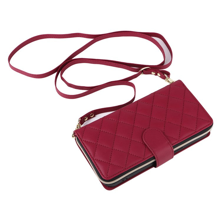 For iPhone 16 Pro Case Zipper Wallet PU Leather Rhombus Phone Cover with 2 Straps - Wine Red
