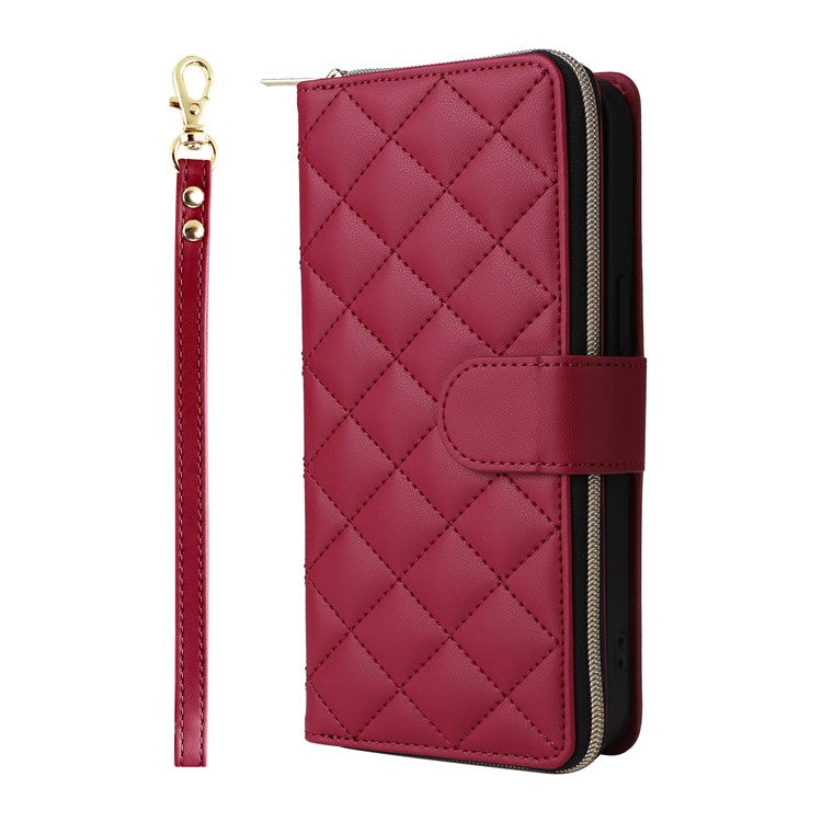 For iPhone 16 Pro Case Zipper Wallet PU Leather Rhombus Phone Cover with 2 Straps - Wine Red