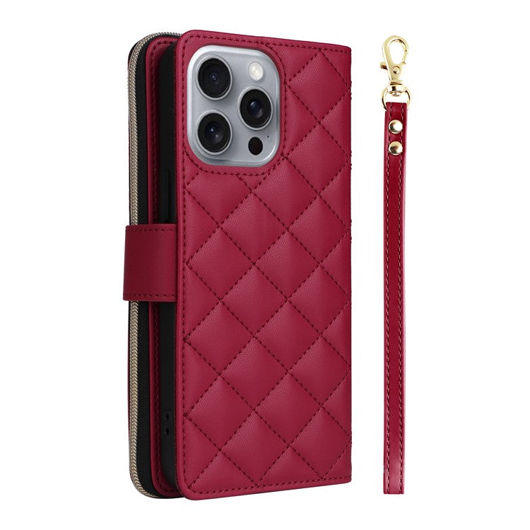 For iPhone 16 Pro Case Zipper Wallet PU Leather Rhombus Phone Cover with 2 Straps - Wine Red