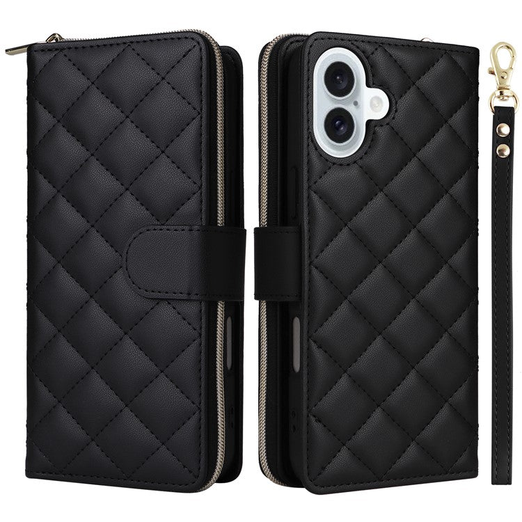 For iPhone 16 Leather Case Zipper Wallet Phone Bag with Shoulder Strap and Hand Strap - Black