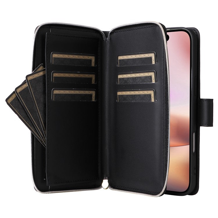 For iPhone 16 Leather Case Zipper Wallet Phone Bag with Shoulder Strap and Hand Strap - Black