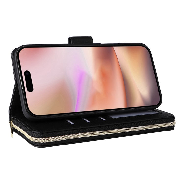 For iPhone 16 Leather Case Zipper Wallet Phone Bag with Shoulder Strap and Hand Strap - Black