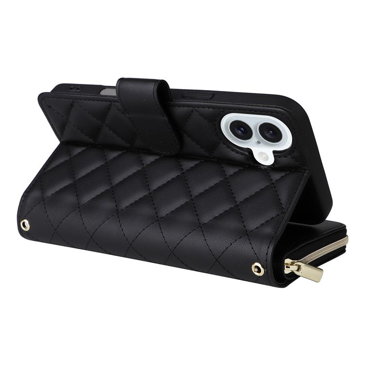 For iPhone 16 Leather Case Zipper Wallet Phone Bag with Shoulder Strap and Hand Strap - Black