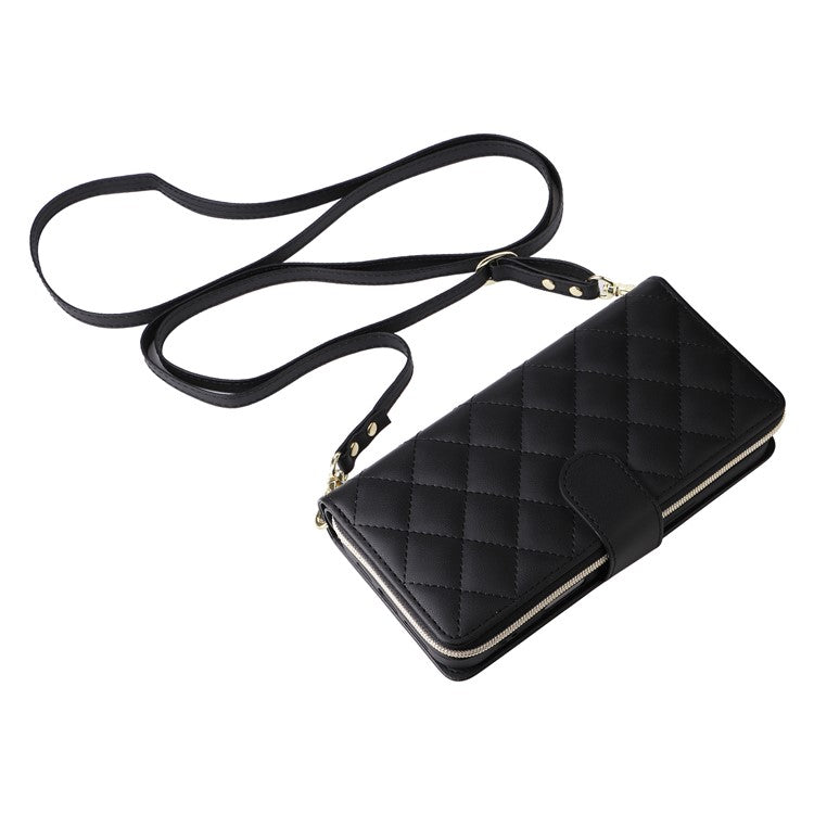 For iPhone 16 Leather Case Zipper Wallet Phone Bag with Shoulder Strap and Hand Strap - Black