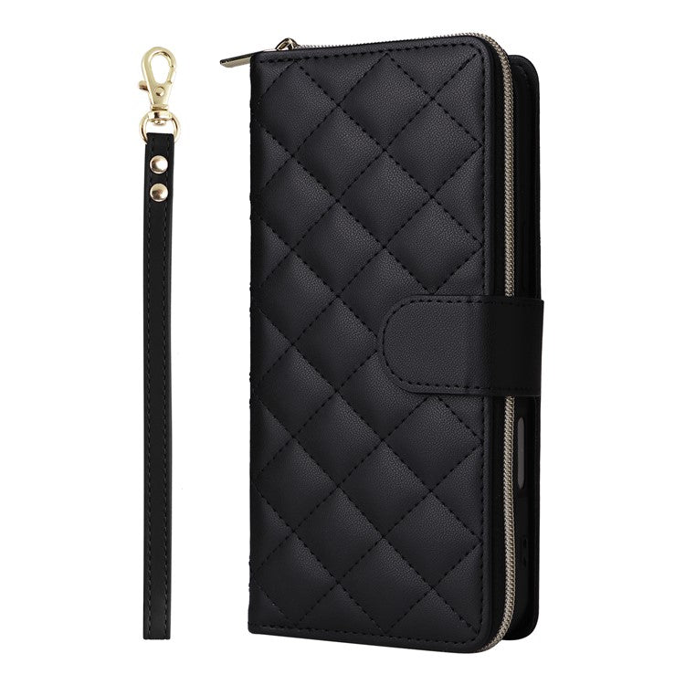 For iPhone 16 Leather Case Zipper Wallet Phone Bag with Shoulder Strap and Hand Strap - Black