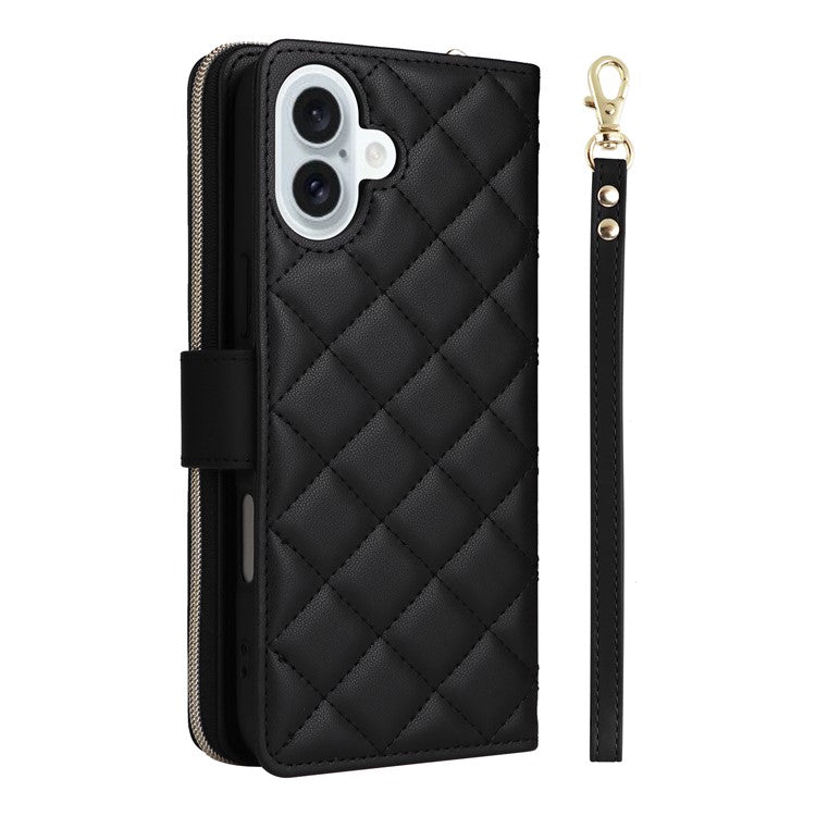 For iPhone 16 Leather Case Zipper Wallet Phone Bag with Shoulder Strap and Hand Strap - Black