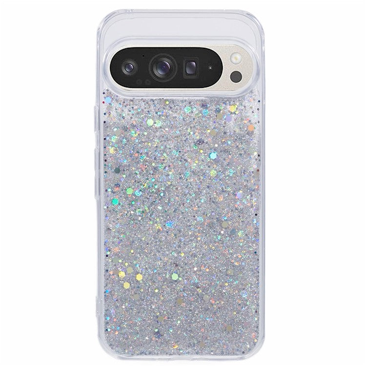 For Google Pixel 9 Pro XL Case Shockproof Soft TPU Phone Cover Glittery Design - Silver