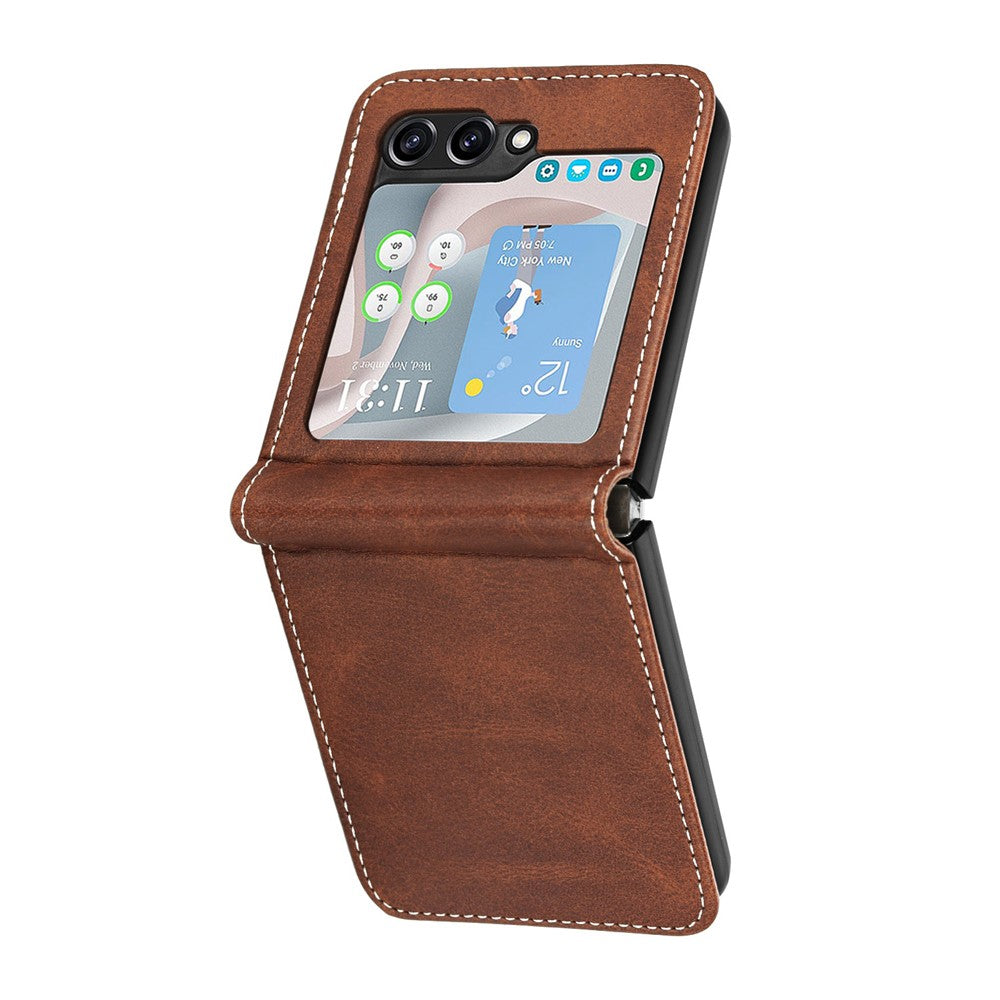 For Samsung Galaxy Z Flip7 FE 5G / Z Flip6 5G / Z Flip5 5G Case PU Leather Hard PC Phone Cover Calf Texture - Brown