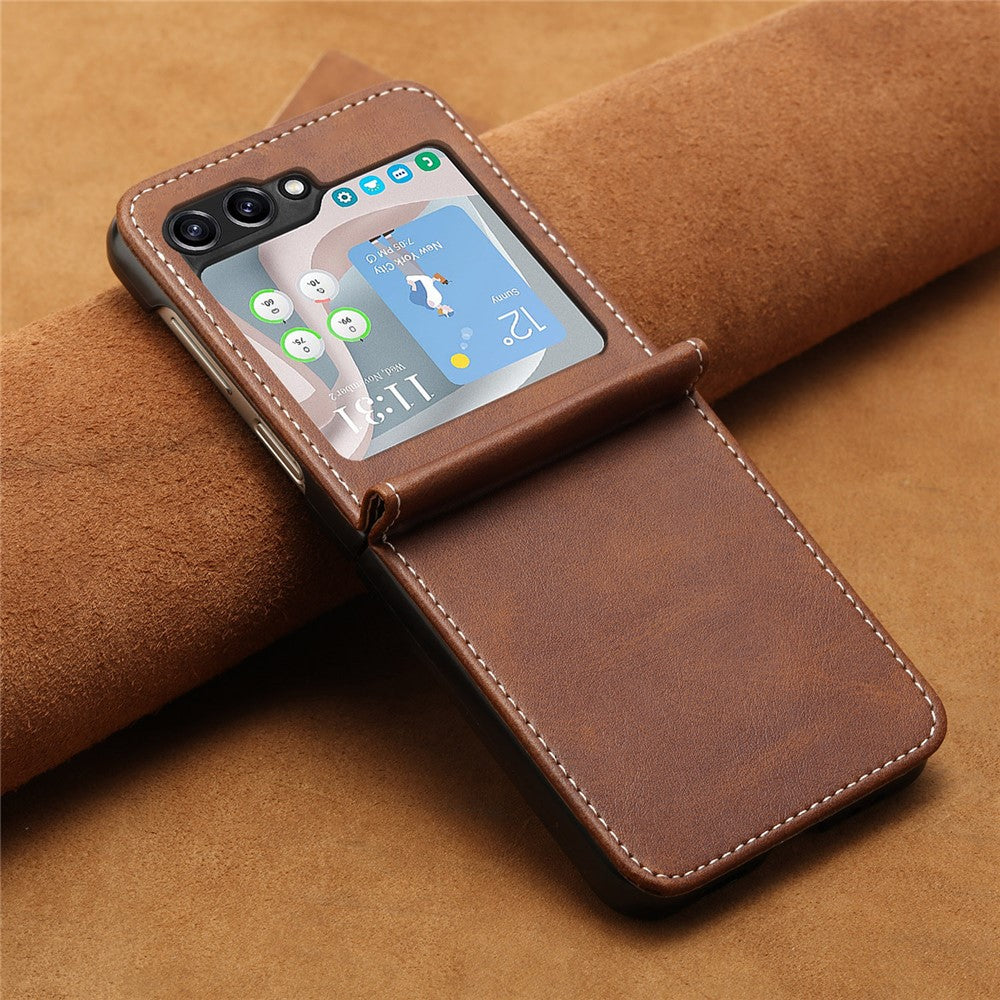 For Samsung Galaxy Z Flip7 FE 5G / Z Flip6 5G / Z Flip5 5G Case PU Leather Hard PC Phone Cover Calf Texture - Brown