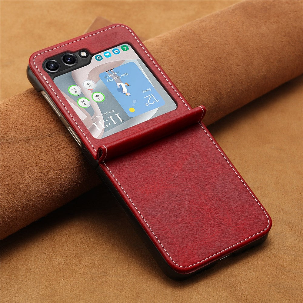 For Samsung Galaxy Z Flip7 FE 5G / Z Flip6 5G / Z Flip5 5G Case PU Leather Hard PC Phone Cover Calf Texture - Red