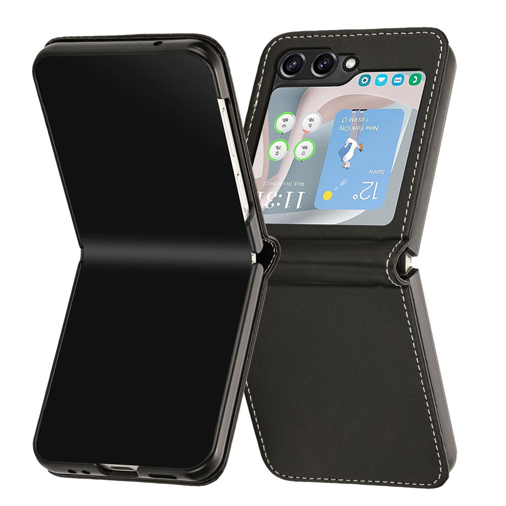 For Samsung Galaxy Z Flip7 FE 5G / Z Flip6 5G / Z Flip5 5G Case PU Leather Hard PC Phone Cover Calf Texture - Black