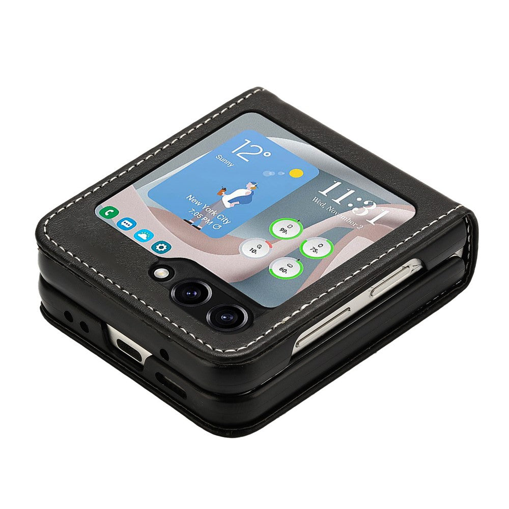 For Samsung Galaxy Z Flip7 FE 5G / Z Flip6 5G / Z Flip5 5G Case PU Leather Hard PC Phone Cover Calf Texture - Black