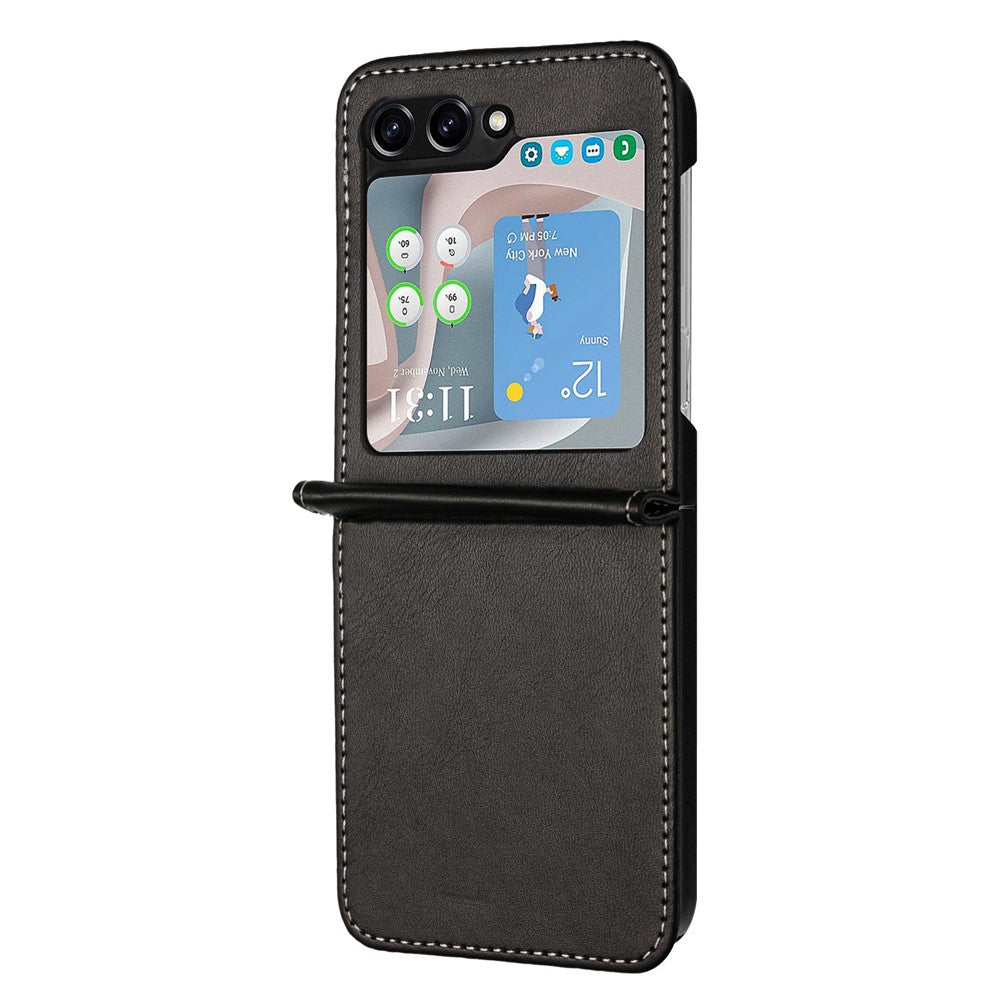 For Samsung Galaxy Z Flip7 FE 5G / Z Flip6 5G / Z Flip5 5G Case PU Leather Hard PC Phone Cover Calf Texture - Black