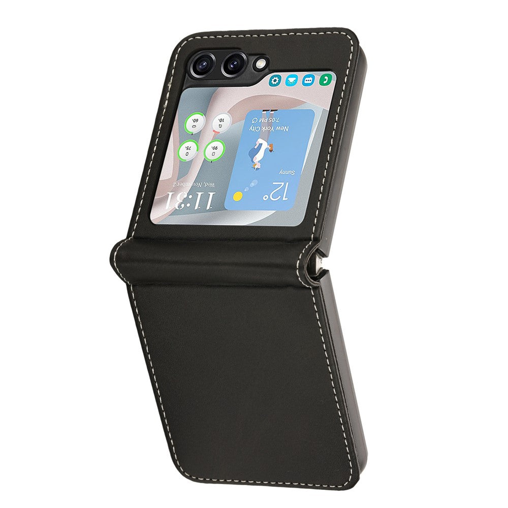 For Samsung Galaxy Z Flip7 FE 5G / Z Flip6 5G / Z Flip5 5G Case PU Leather Hard PC Phone Cover Calf Texture - Black