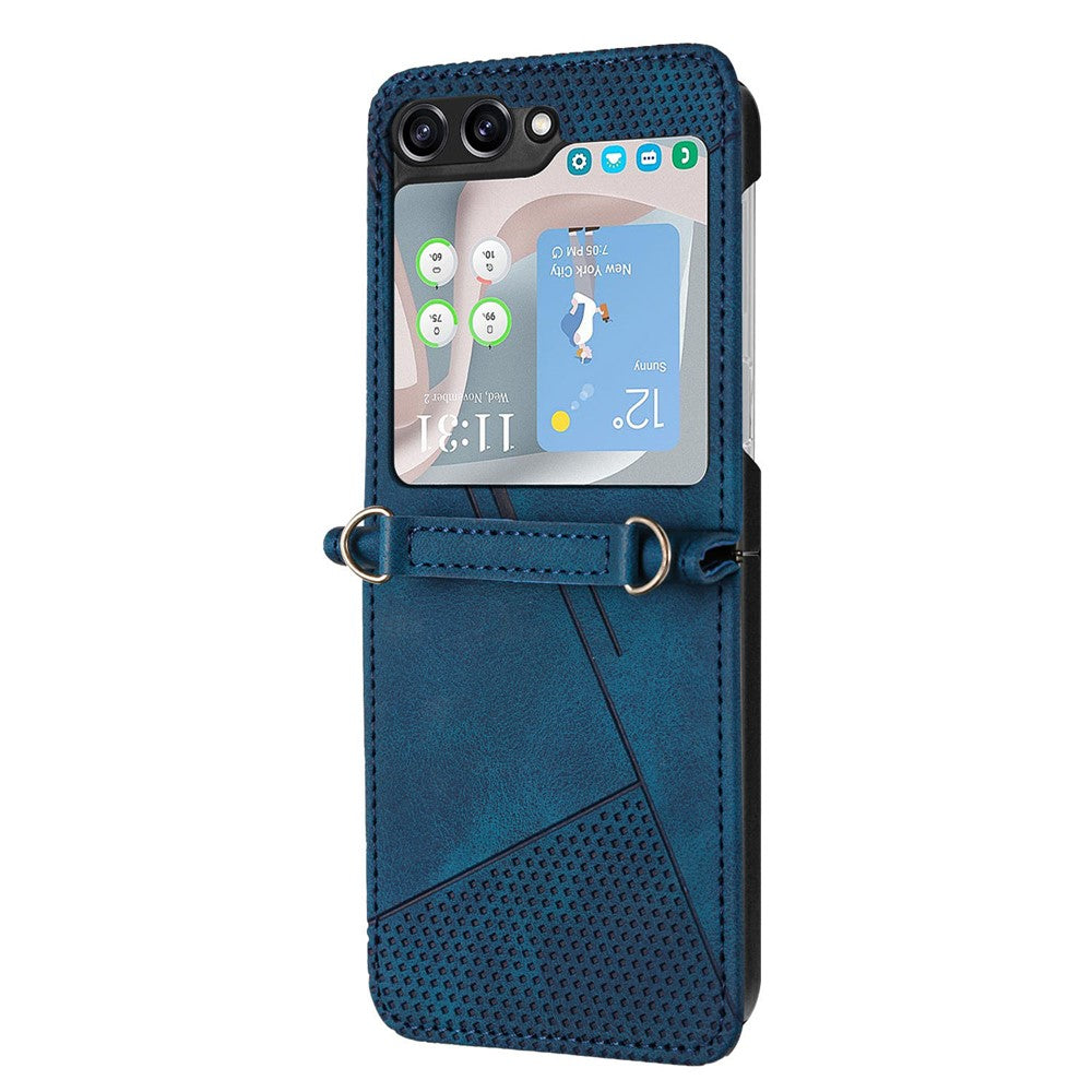 For Samsung Galaxy Z Flip7 FE 5G / Z Flip6 5G / Z Flip5 5G Case Triangle Patterns PU Leather Hard PC Crossbody Phone Cover - Sapphire