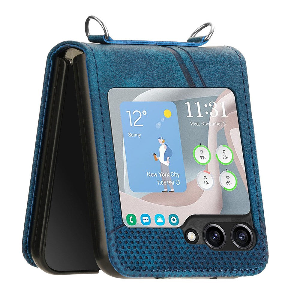 For Samsung Galaxy Z Flip7 FE 5G / Z Flip6 5G / Z Flip5 5G Case Triangle Patterns PU Leather Hard PC Crossbody Phone Cover - Sapphire