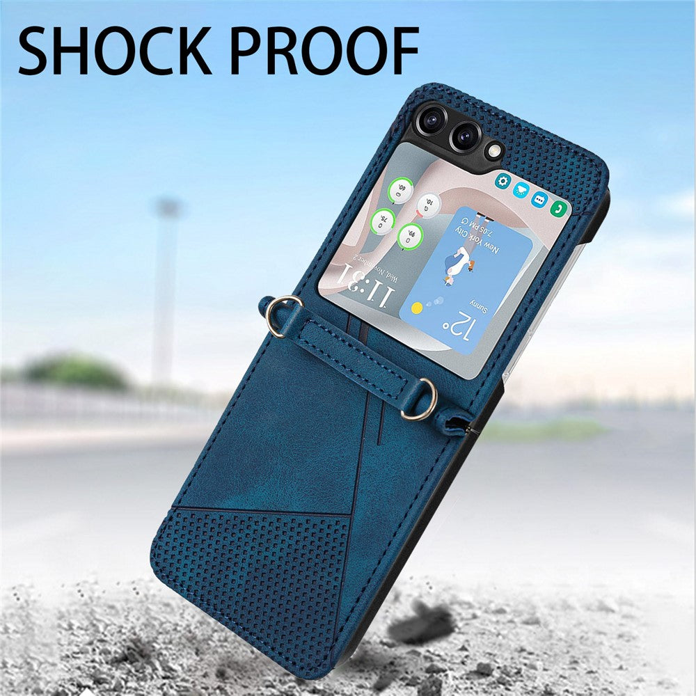 For Samsung Galaxy Z Flip7 FE 5G / Z Flip6 5G / Z Flip5 5G Case Triangle Patterns PU Leather Hard PC Crossbody Phone Cover - Sapphire