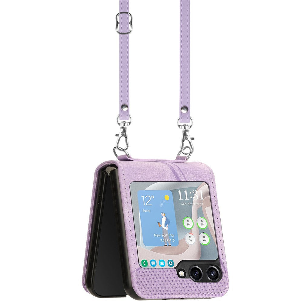For Samsung Galaxy Z Flip7 FE 5G / Z Flip6 5G / Z Flip5 5G Case Triangle Patterns PU Leather Hard PC Crossbody Phone Cover - Purple