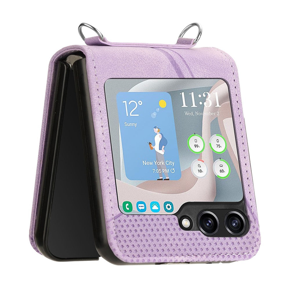For Samsung Galaxy Z Flip7 FE 5G / Z Flip6 5G / Z Flip5 5G Case Triangle Patterns PU Leather Hard PC Crossbody Phone Cover - Purple