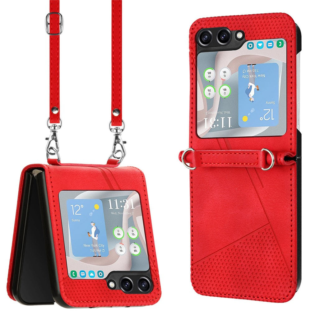 For Samsung Galaxy Z Flip7 FE 5G / Z Flip6 5G / Z Flip5 5G Case Triangle Patterns PU Leather Hard PC Crossbody Phone Cover - Red