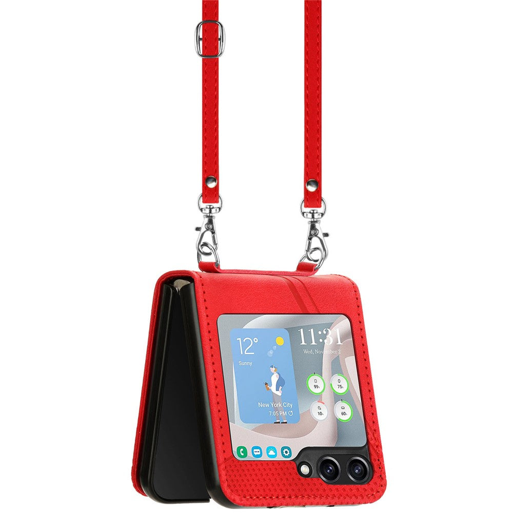 For Samsung Galaxy Z Flip7 FE 5G / Z Flip6 5G / Z Flip5 5G Case Triangle Patterns PU Leather Hard PC Crossbody Phone Cover - Red