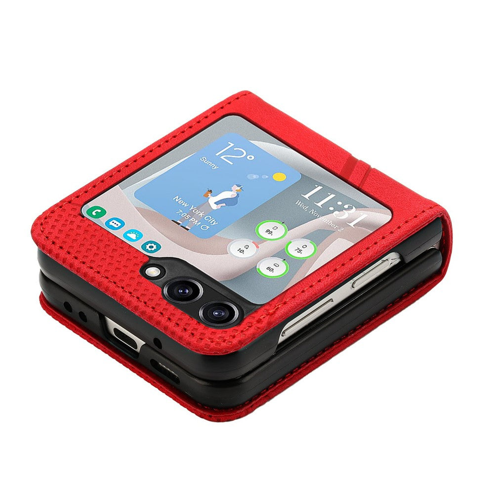 For Samsung Galaxy Z Flip7 FE 5G / Z Flip6 5G / Z Flip5 5G Case Triangle Patterns PU Leather Hard PC Crossbody Phone Cover - Red