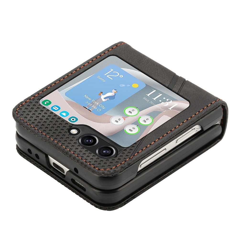 For Samsung Galaxy Z Flip7 FE 5G / Z Flip6 5G / Z Flip5 5G Case Triangle Patterns PU Leather Hard PC Crossbody Phone Cover - Black