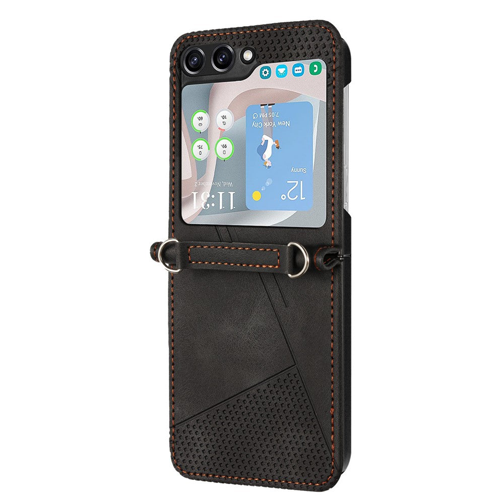 For Samsung Galaxy Z Flip7 FE 5G / Z Flip6 5G / Z Flip5 5G Case Triangle Patterns PU Leather Hard PC Crossbody Phone Cover - Black