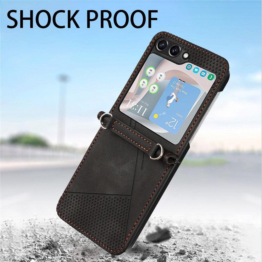 For Samsung Galaxy Z Flip7 FE 5G / Z Flip6 5G / Z Flip5 5G Case Triangle Patterns PU Leather Hard PC Crossbody Phone Cover - Black