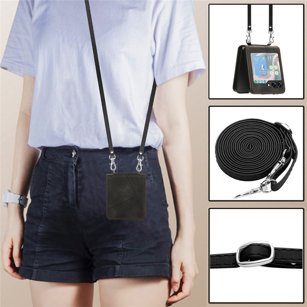 For Samsung Galaxy Z Flip7 FE 5G / Z Flip6 5G / Z Flip5 5G Case Triangle Patterns PU Leather Hard PC Crossbody Phone Cover - Black