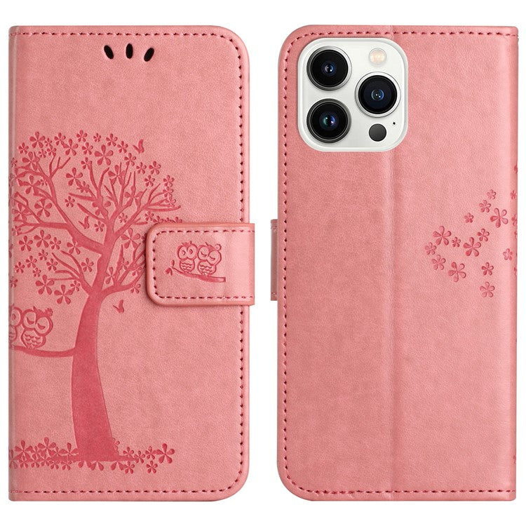 For iPhone 16 Pro Wallet Case PU Leather Owl Tree Imprinted Phone Cover - Pink