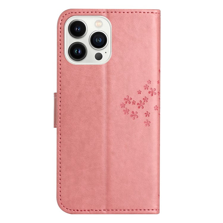 For iPhone 16 Pro Wallet Case PU Leather Owl Tree Imprinted Phone Cover - Pink