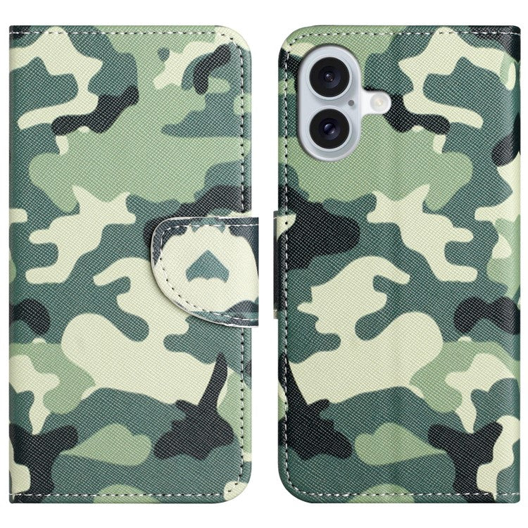 For iPhone 16 Case Pattern Printing PU Leather Wallet Phone Cover Stand View - Camouflage