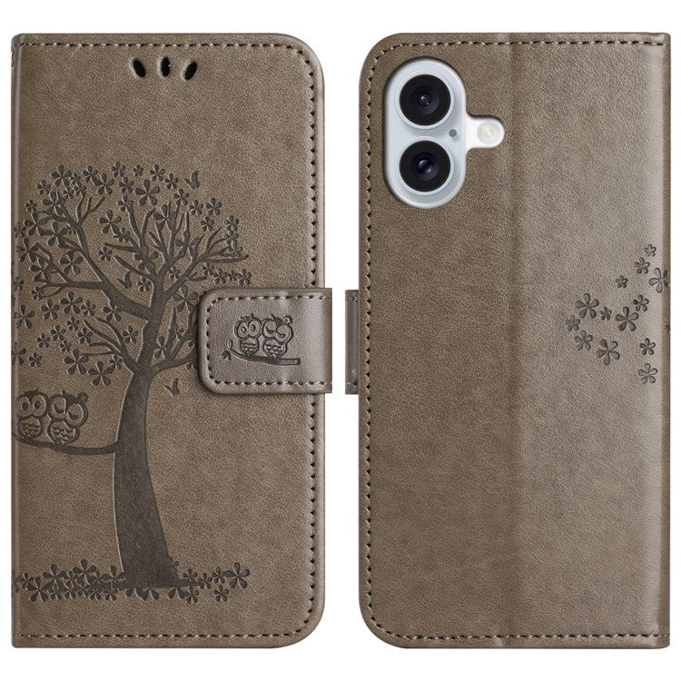 For iPhone 16 Case Wallet PU Leather Protective Phone Cover Owl Tree Pattern - Grey
