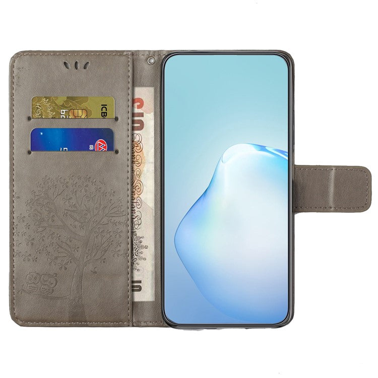 For iPhone 16 Case Wallet PU Leather Protective Phone Cover Owl Tree Pattern - Grey