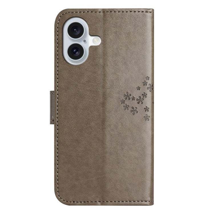 For iPhone 16 Case Wallet PU Leather Protective Phone Cover Owl Tree Pattern - Grey