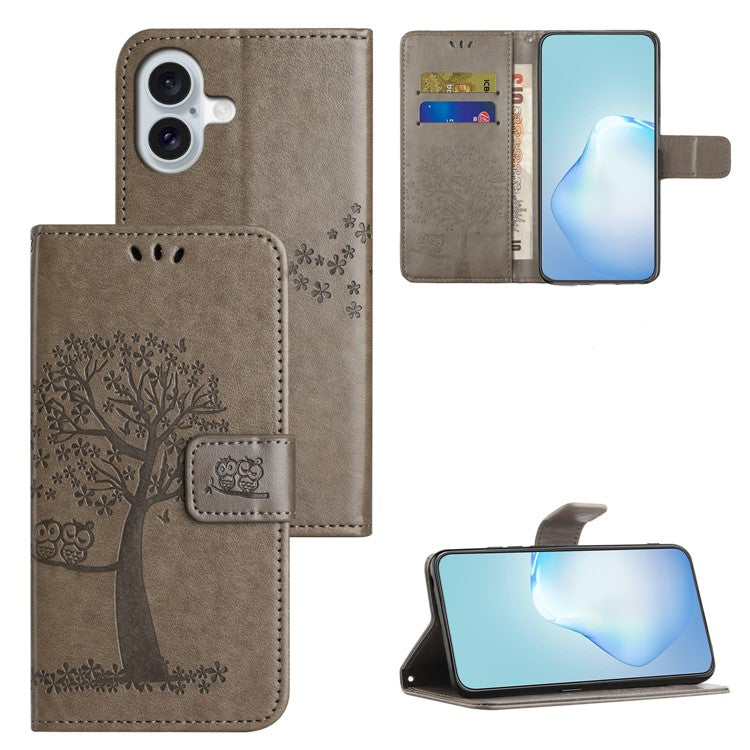 For iPhone 16 Case Wallet PU Leather Protective Phone Cover Owl Tree Pattern - Grey