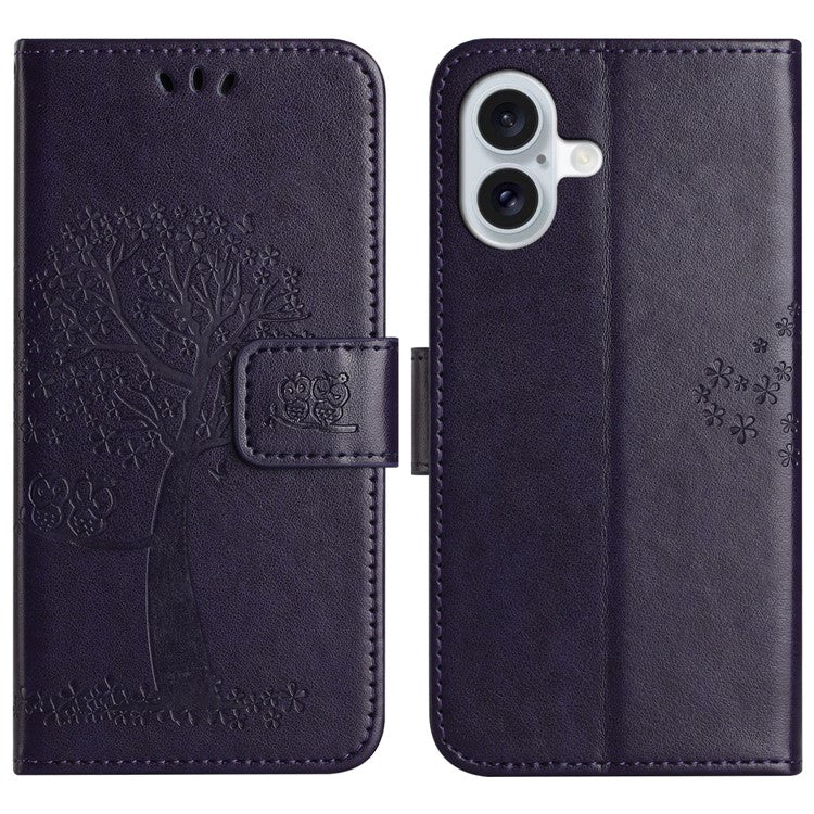 For iPhone 16 Case Wallet PU Leather Protective Phone Cover Owl Tree Pattern - Dark Purple
