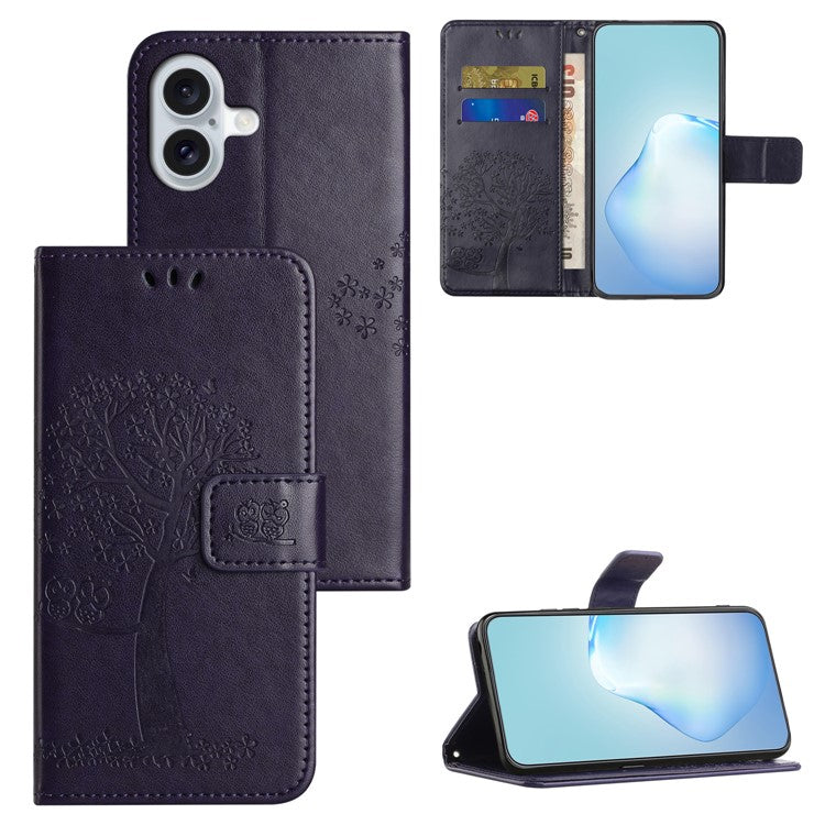 For iPhone 16 Case Wallet PU Leather Protective Phone Cover Owl Tree Pattern - Dark Purple