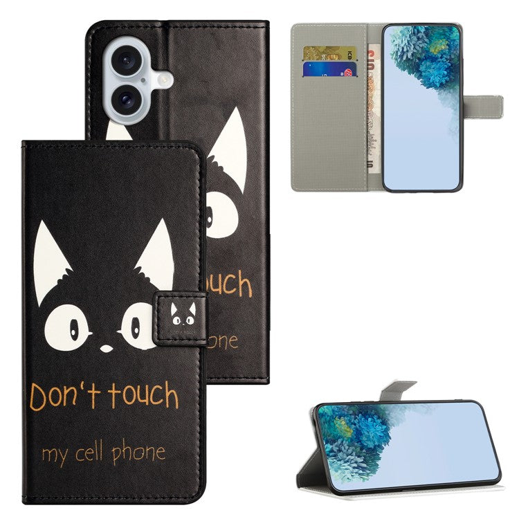 For iPhone 16 Case Pattern Print Leather Phone Cover with Wallet Stand - Don't Touch My Cell Phone