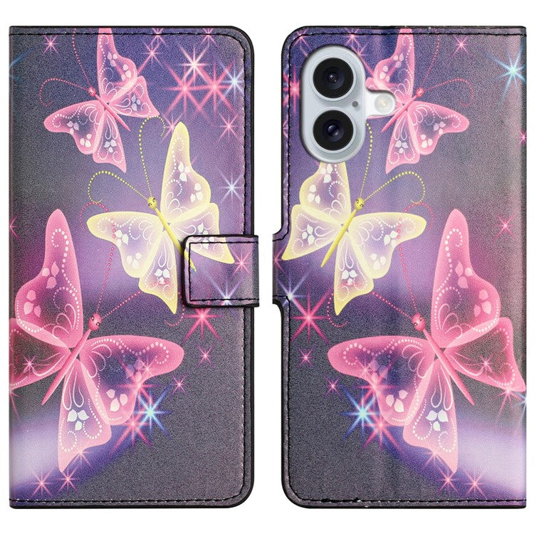 For iPhone 16 Case Pattern Print Leather Phone Cover with Wallet Stand - Sparkle Butterflies