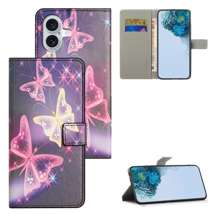 For iPhone 16 Case Pattern Print Leather Phone Cover with Wallet Stand - Sparkle Butterflies