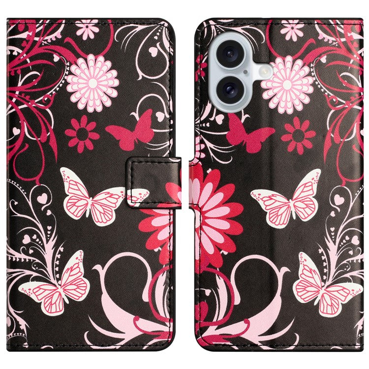 For iPhone 16 Case Pattern Print Leather Phone Cover with Wallet Stand - Black / Butterflies
