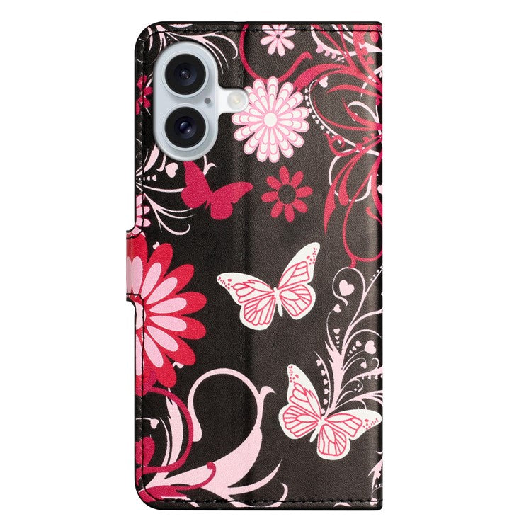 For iPhone 16 Case Pattern Print Leather Phone Cover with Wallet Stand - Black / Butterflies