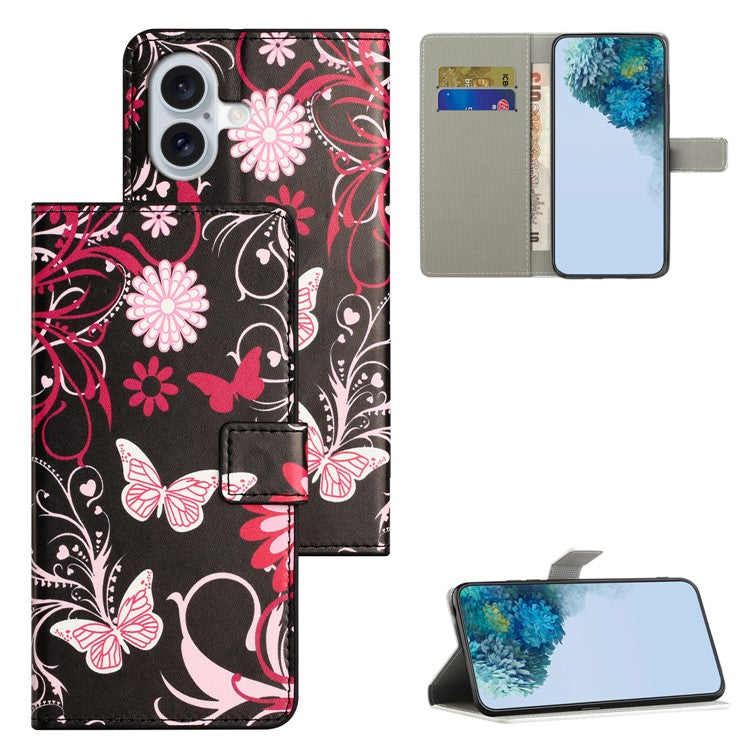 For iPhone 16 Case Pattern Print Leather Phone Cover with Wallet Stand - Black / Butterflies