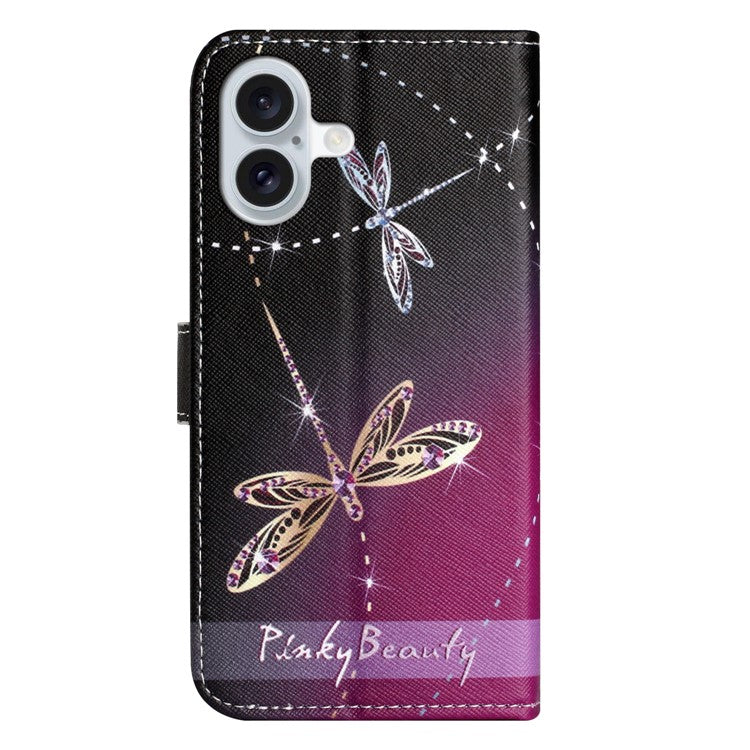For iPhone 16 Case Pattern Print PU Leather Wallet Phone Cover Cross Texture - Dragonflies