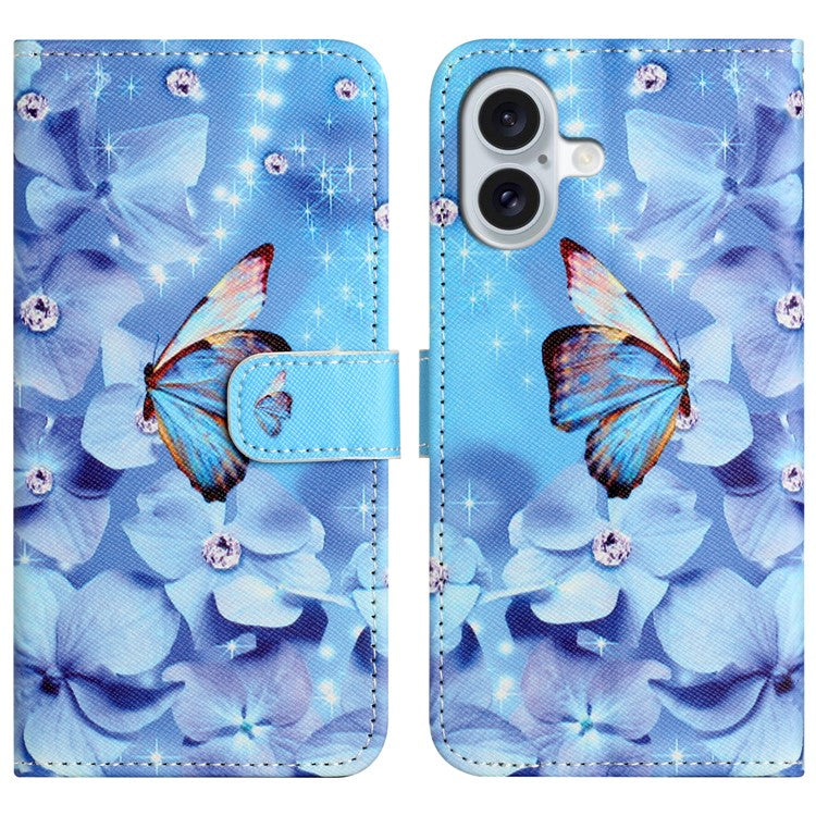 For iPhone 16 Case Pattern Print PU Leather Wallet Phone Cover Cross Texture - Flower and Butterfly