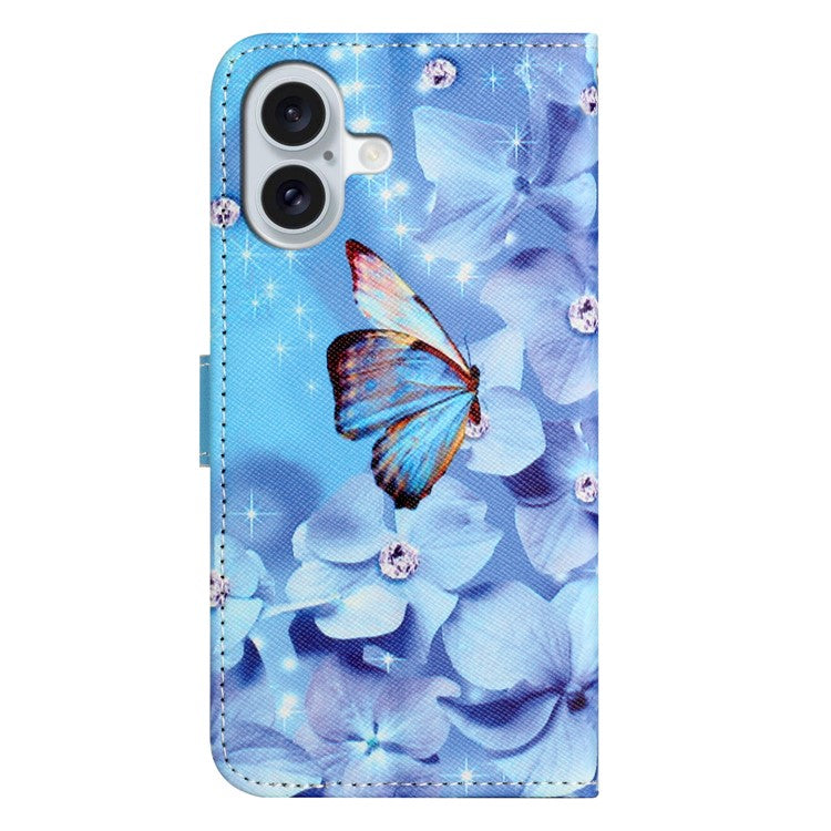 For iPhone 16 Case Pattern Print PU Leather Wallet Phone Cover Cross Texture - Flower and Butterfly